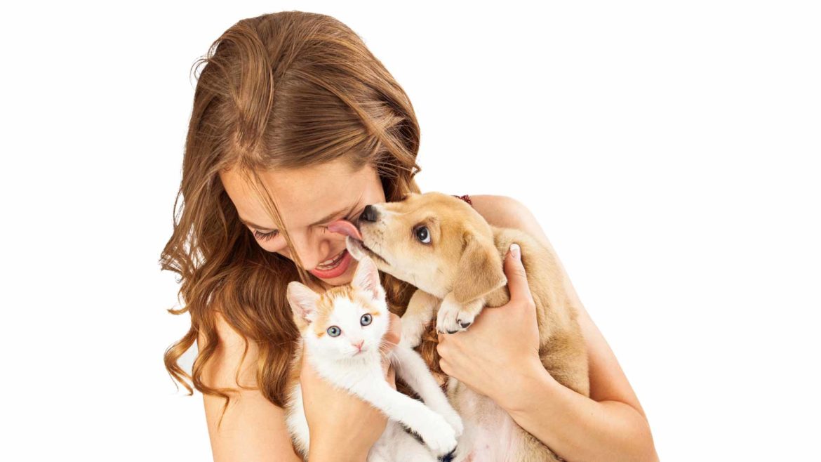 Ragazza tiene in braccio un cucciolo di cane e un cucciolo di gatto. Il cucciolo di cane le lecca il viso.