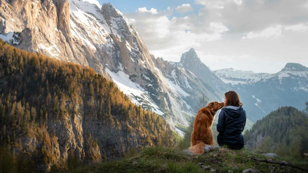 Una donna ed il suo cane sono seduti davanti ad un panorama di montagna