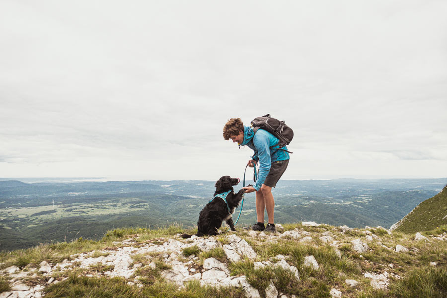 A man turned toward his black large-sized dog while he hands out his paw. Both are in a mountain environment.