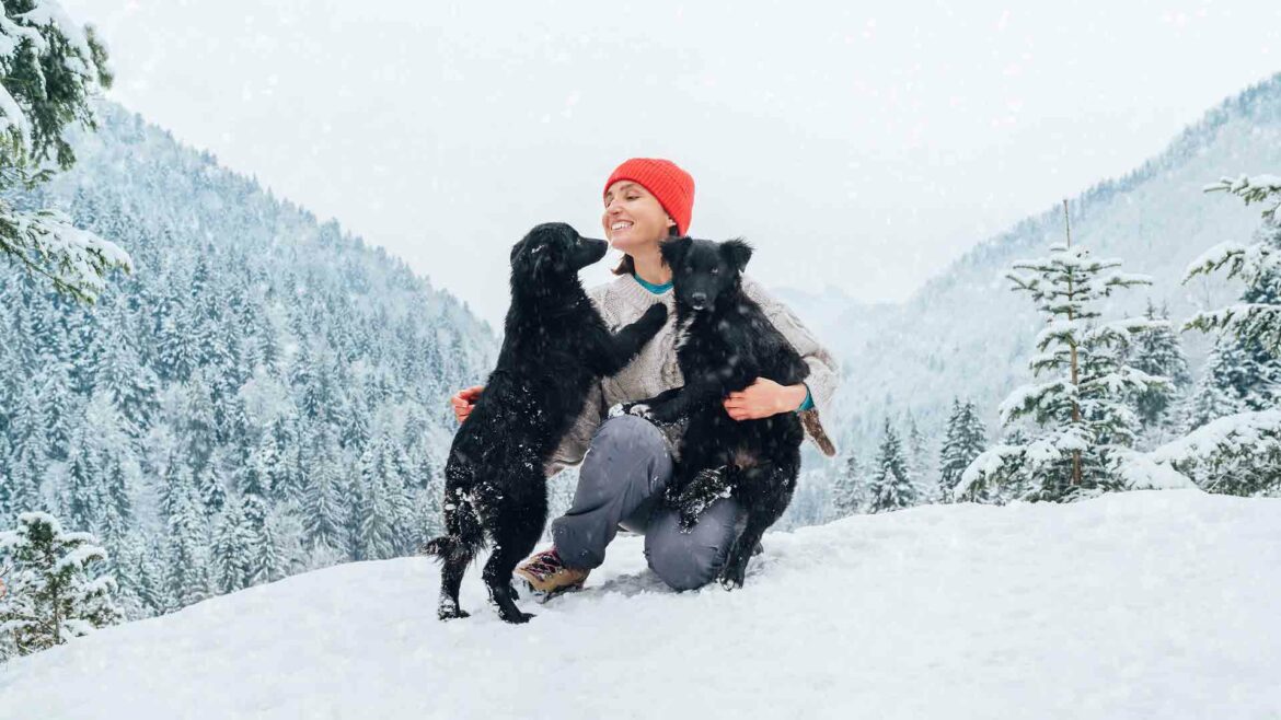 Donna è in mezzo alla neve con due cani neri che le saltano in braccio per darle una leccatina in viso