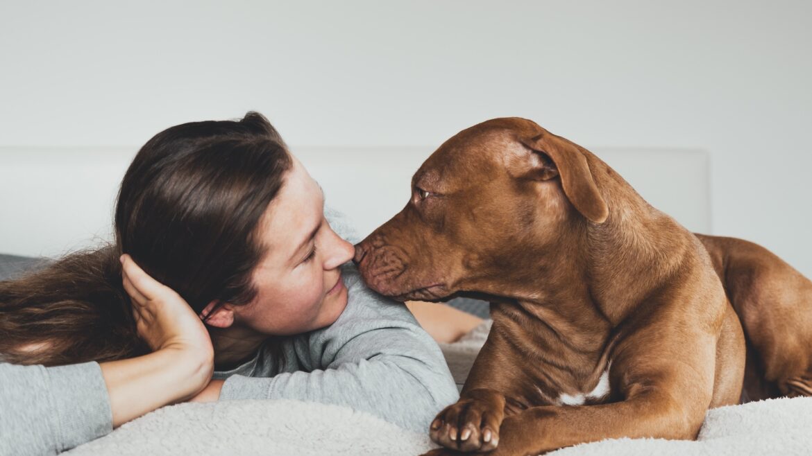 Una ragazza e il suo cane si strofinano la punta del naso