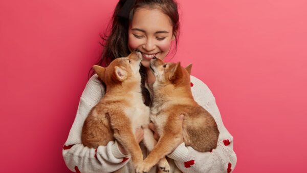 Donna riceve un bacino da due cuccioli di cane a prova che gli animali hanno sentimenti