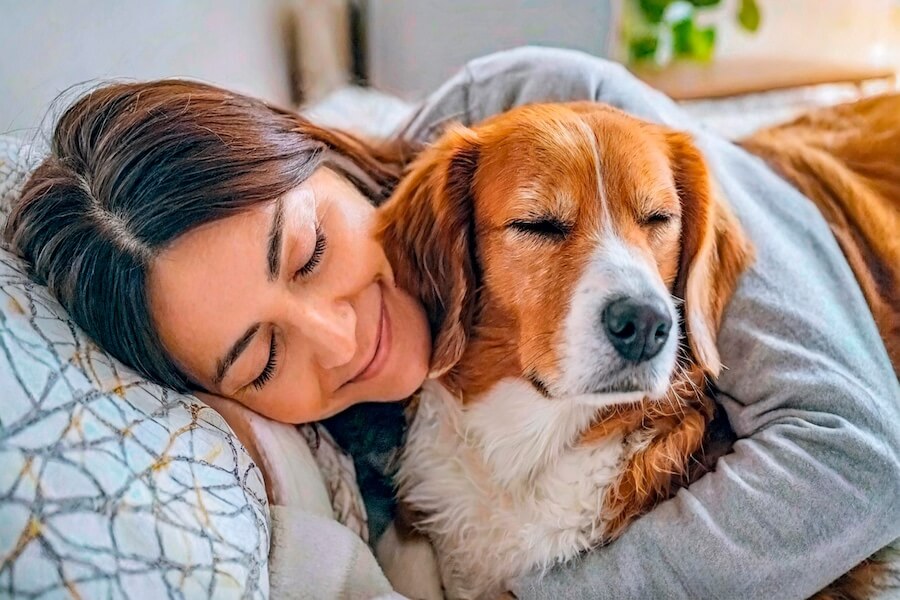 Una donna abbraccia il suo cane a letto