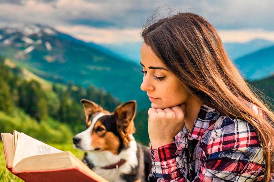 Una donna legge un libro per come dire addio al proprio cane morto