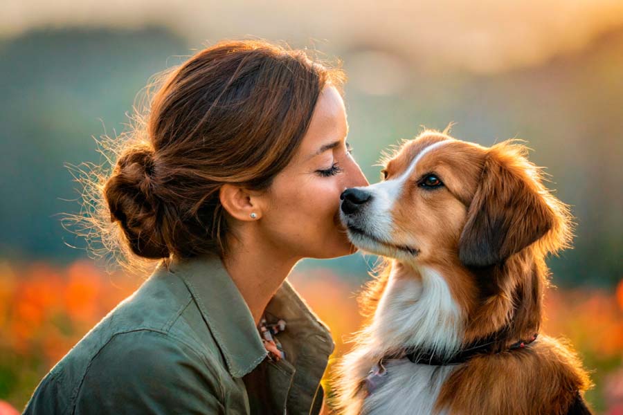 Una donna dà un bacio al suo cane su un prato