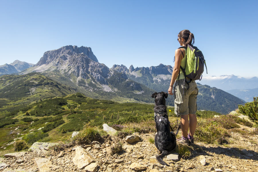 Un cane e una donna guardano un paesaggio di montagna. La donna è in piedi, il cane è seduto al suo fianco.