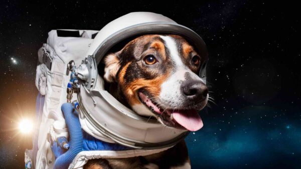 Cane con tenuta da astronauta nello spazio
