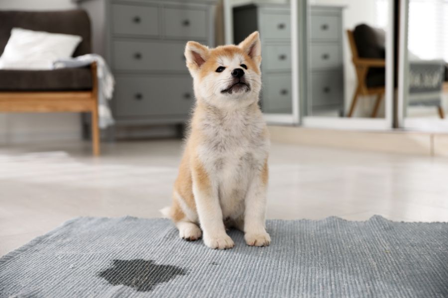 cucciolo di cane in appartamento con macchia di pipì sul tappeto