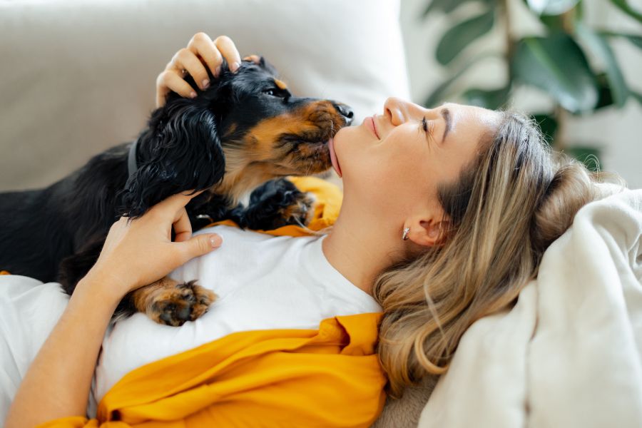 Ragazza sul divano con cane che le lecca il viso