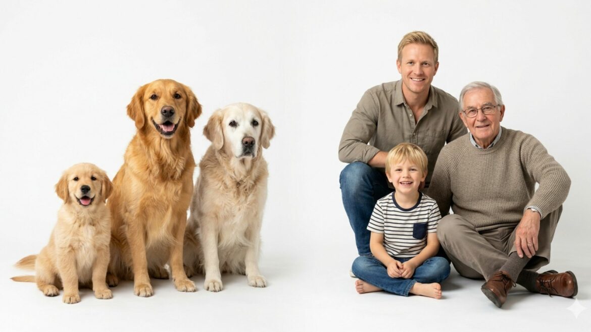 tre cani di età diverse accanto a tre persone di età diverse