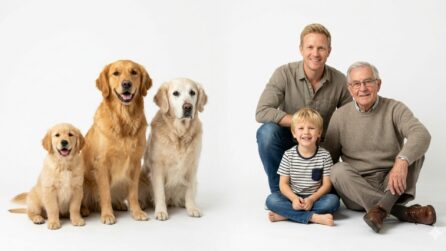 tre cani di età diverse accanto a tre persone di età diverse